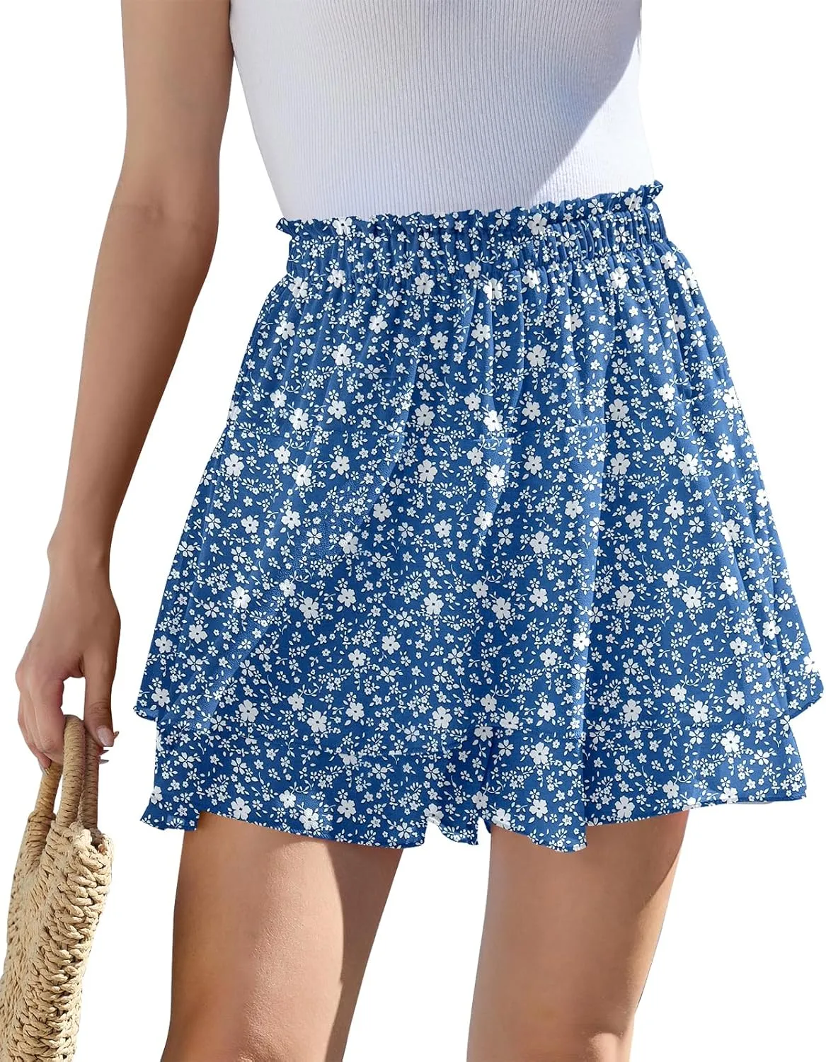 CYiNu Women's Flowy Short Boho Floral Skorts Casual Ruffle High Waist Mini Skirts Summer Running Chiffon Butterfly Culottes