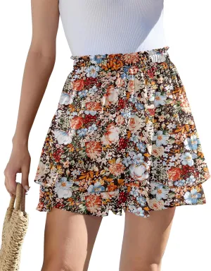 CYiNu Women's Flowy Short Boho Floral Skorts Casual Ruffle High Waist Mini Skirts Summer Running Chiffon Butterfly Culottes