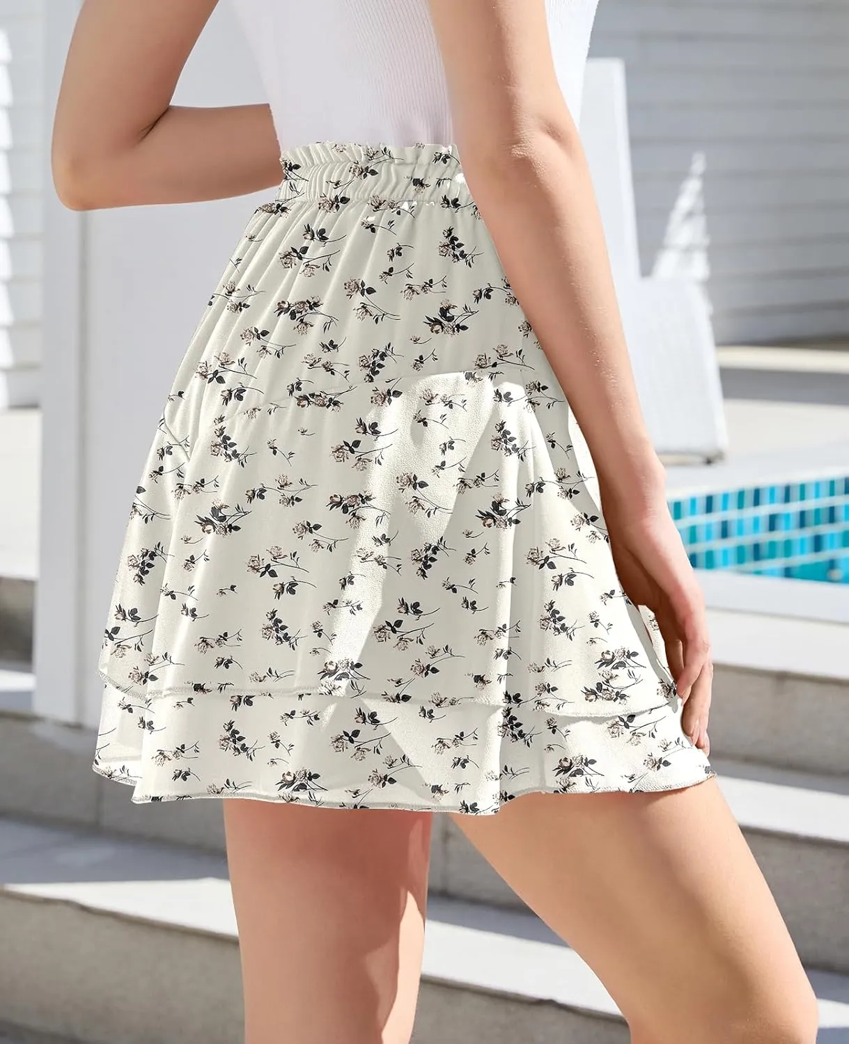 CYiNu Women's Flowy Short Boho Floral Skorts Casual Ruffle High Waist Mini Skirts Summer Running Chiffon Butterfly Culottes