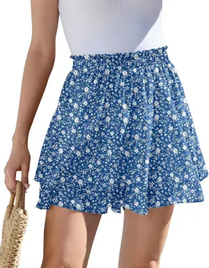 CYiNu Women's Flowy Short Boho Floral Skorts Casual Ruffle High Waist Mini Skirts Summer Running Chiffon Butterfly Culottes