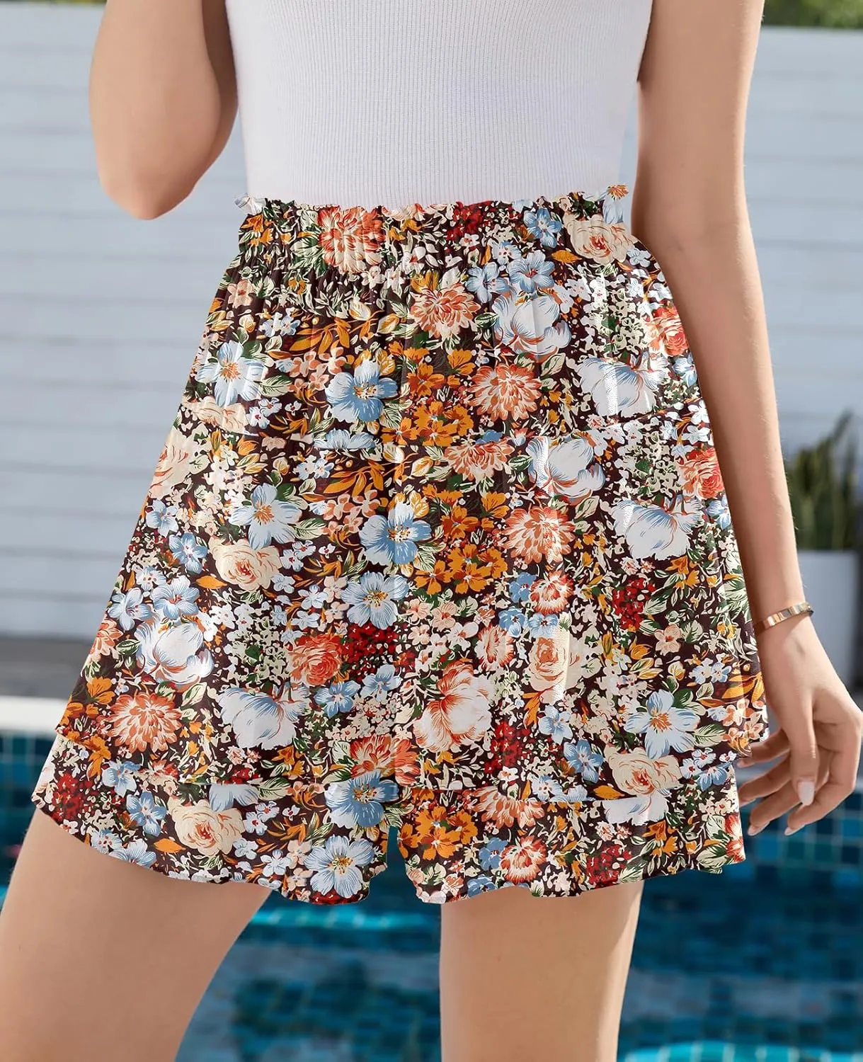CYiNu Women's Flowy Short Boho Floral Skorts Casual Ruffle High Waist Mini Skirts Summer Running Chiffon Butterfly Culottes