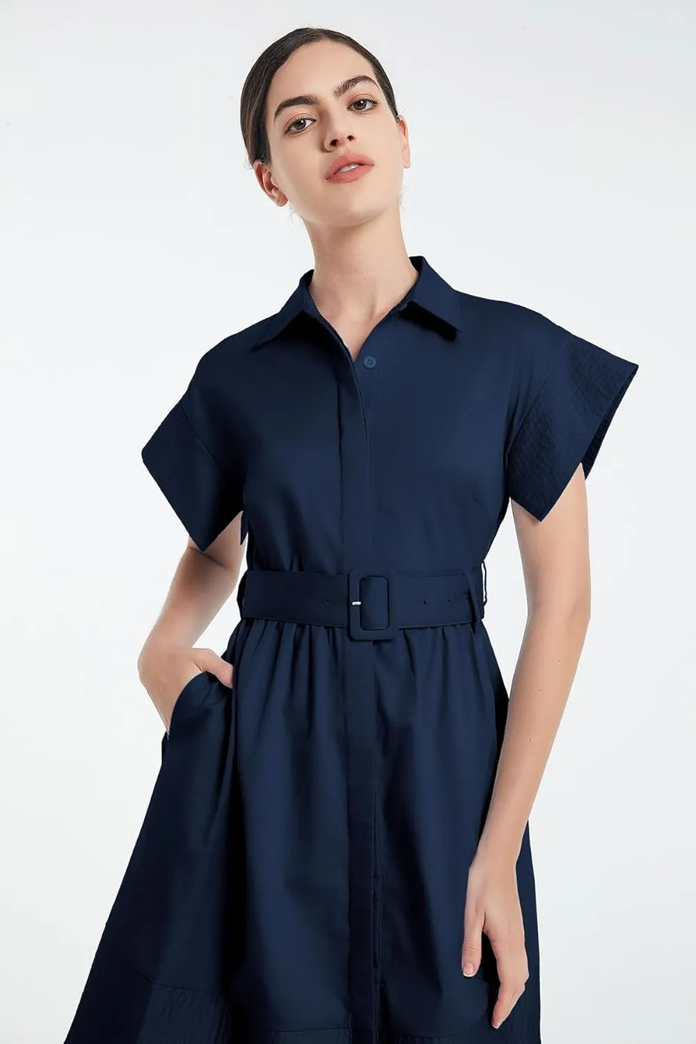 D-Sun Women Casual Button Down Shirt Dress V-Neck Short Sleeves Mini Shirt Dress Belted Short Party with Pockets