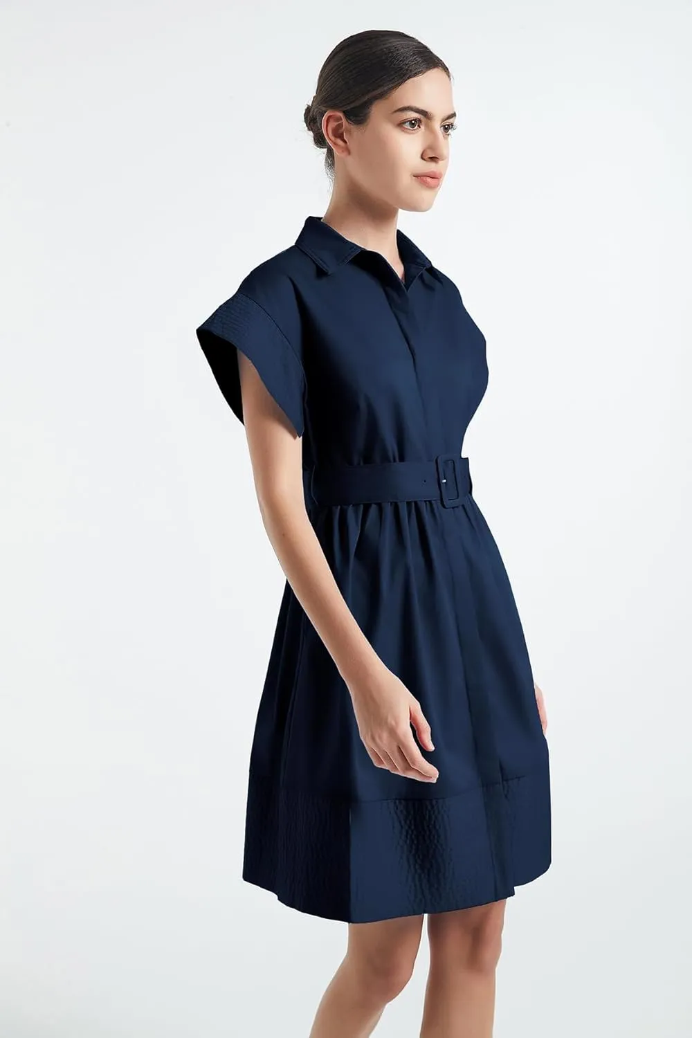 D-Sun Women Casual Button Down Shirt Dress V-Neck Short Sleeves Mini Shirt Dress Belted Short Party with Pockets
