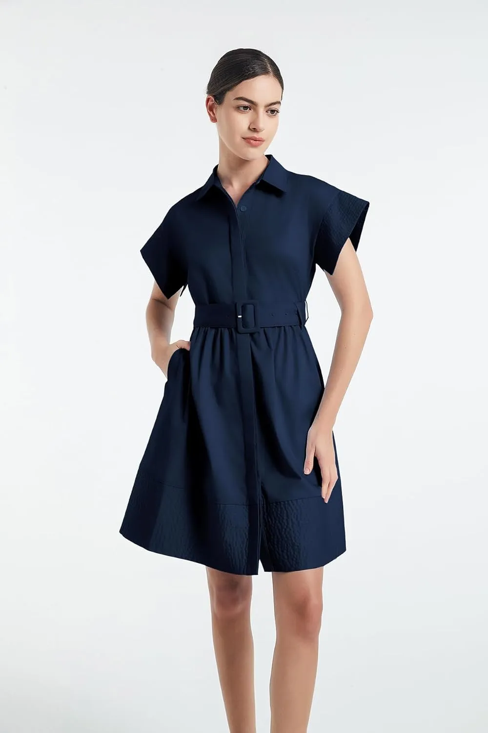 D-Sun Women Casual Button Down Shirt Dress V-Neck Short Sleeves Mini Shirt Dress Belted Short Party with Pockets