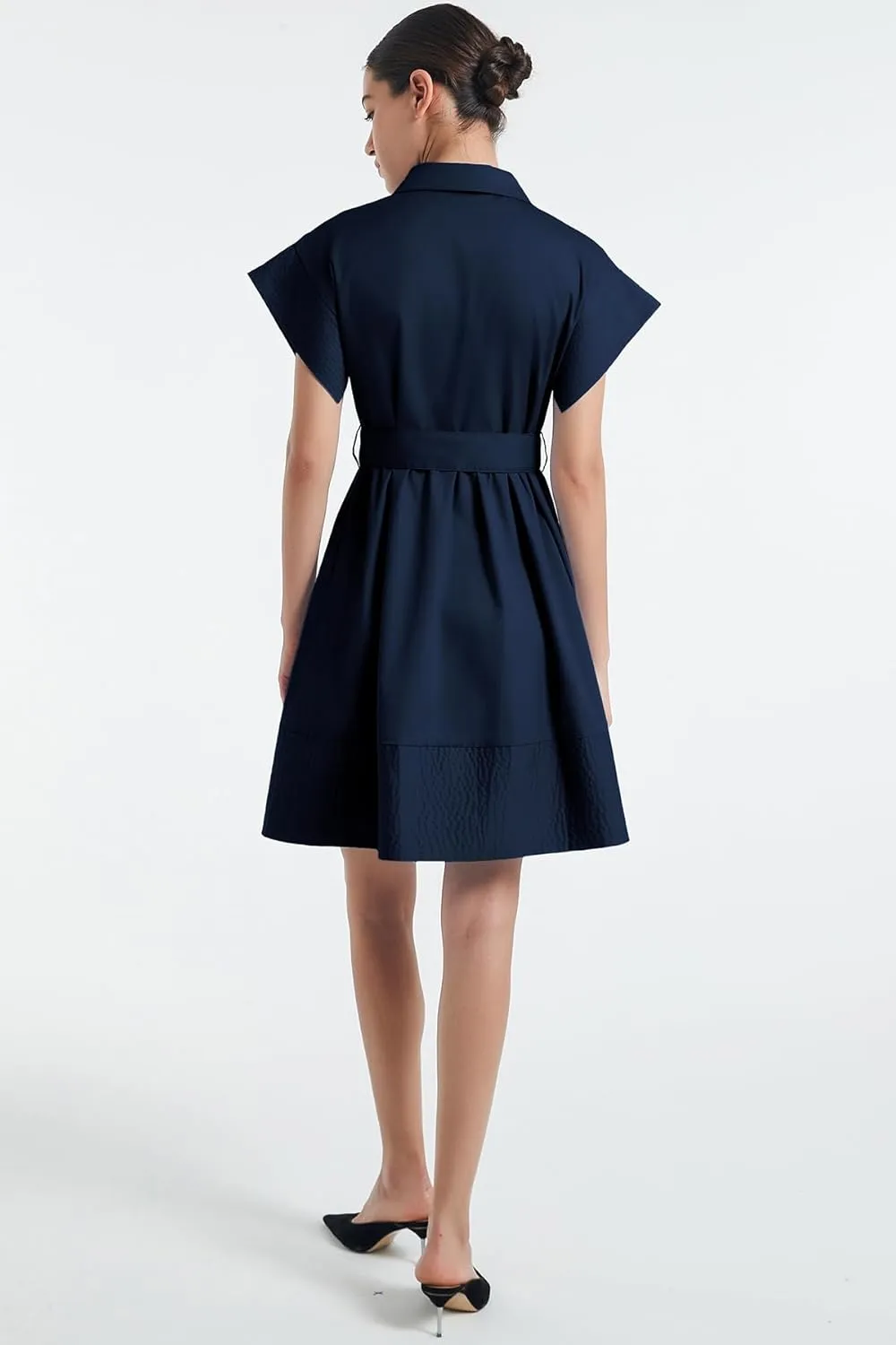 D-Sun Women Casual Button Down Shirt Dress V-Neck Short Sleeves Mini Shirt Dress Belted Short Party with Pockets