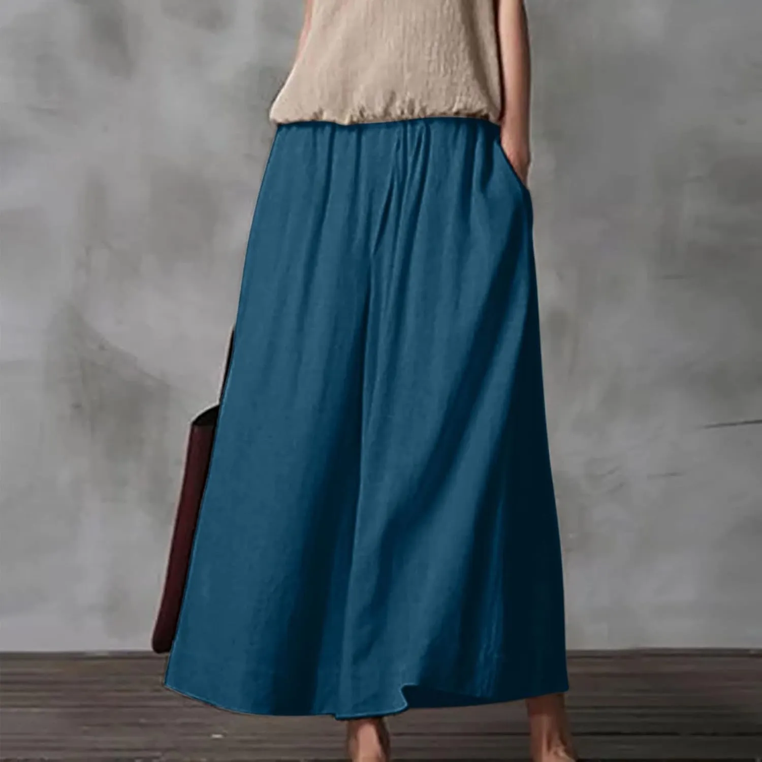DASAYO Womens Cotton Linen Culottes Pant Baggy Lounge Beach Capri Pants Solid Summer Flowy Wide Leg Palazzo Capris Trousers