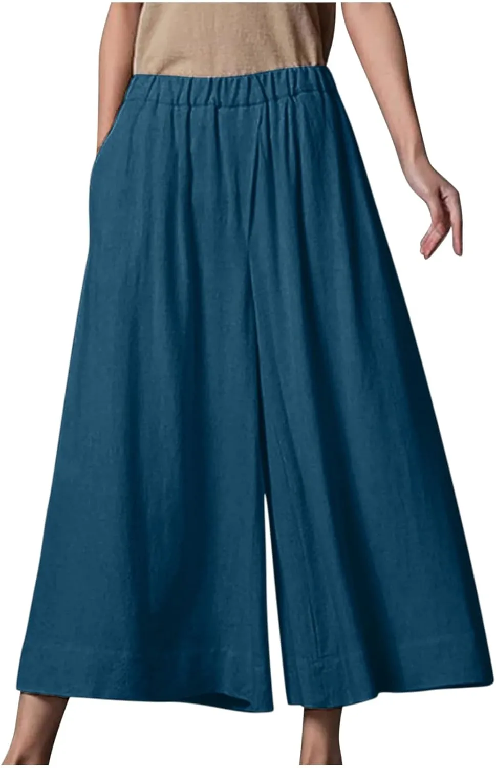 DASAYO Womens Cotton Linen Culottes Pant Baggy Lounge Beach Capri Pants Solid Summer Flowy Wide Leg Palazzo Capris Trousers