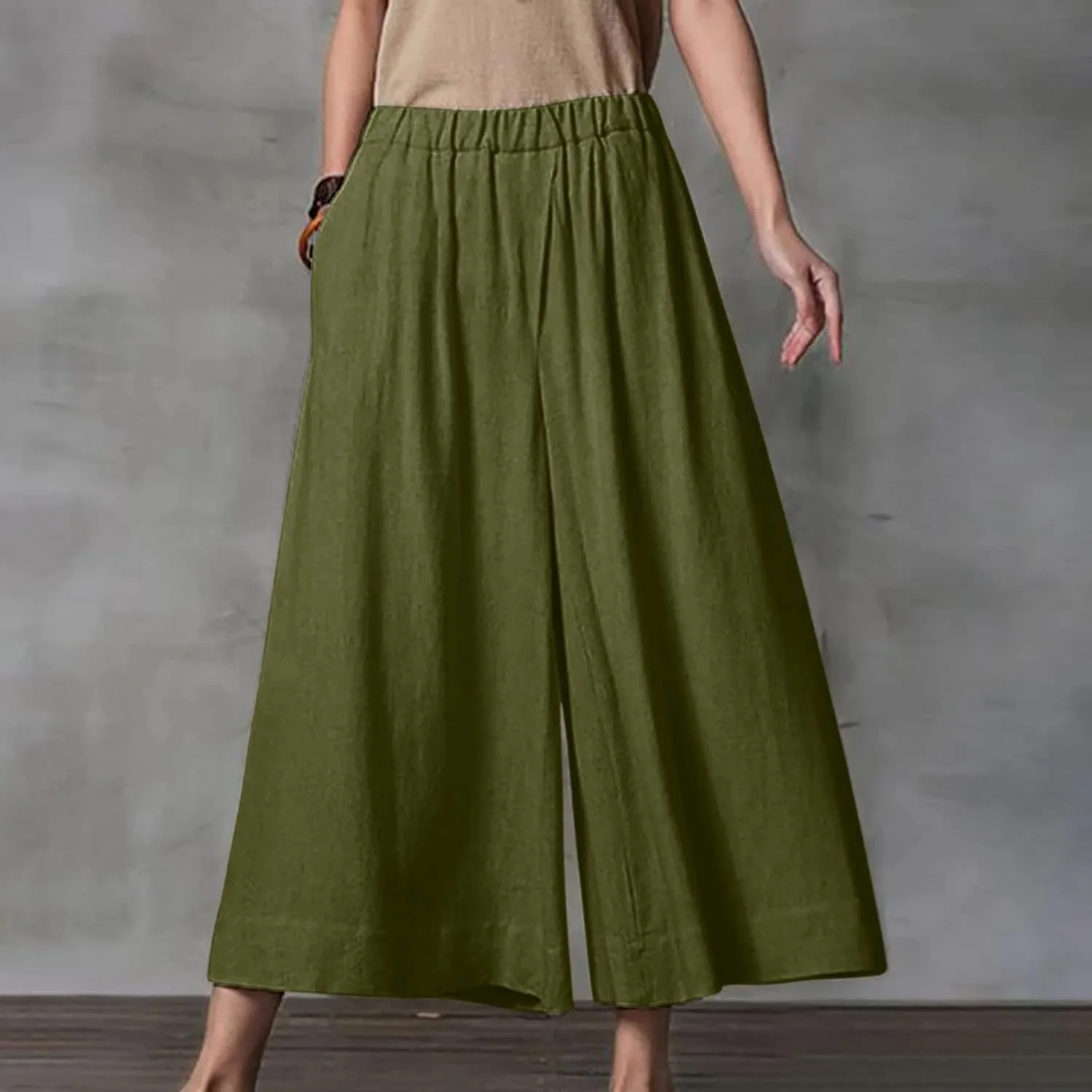 DASAYO Womens Cotton Linen Culottes Pant Baggy Lounge Beach Capri Pants Solid Summer Flowy Wide Leg Palazzo Capris Trousers