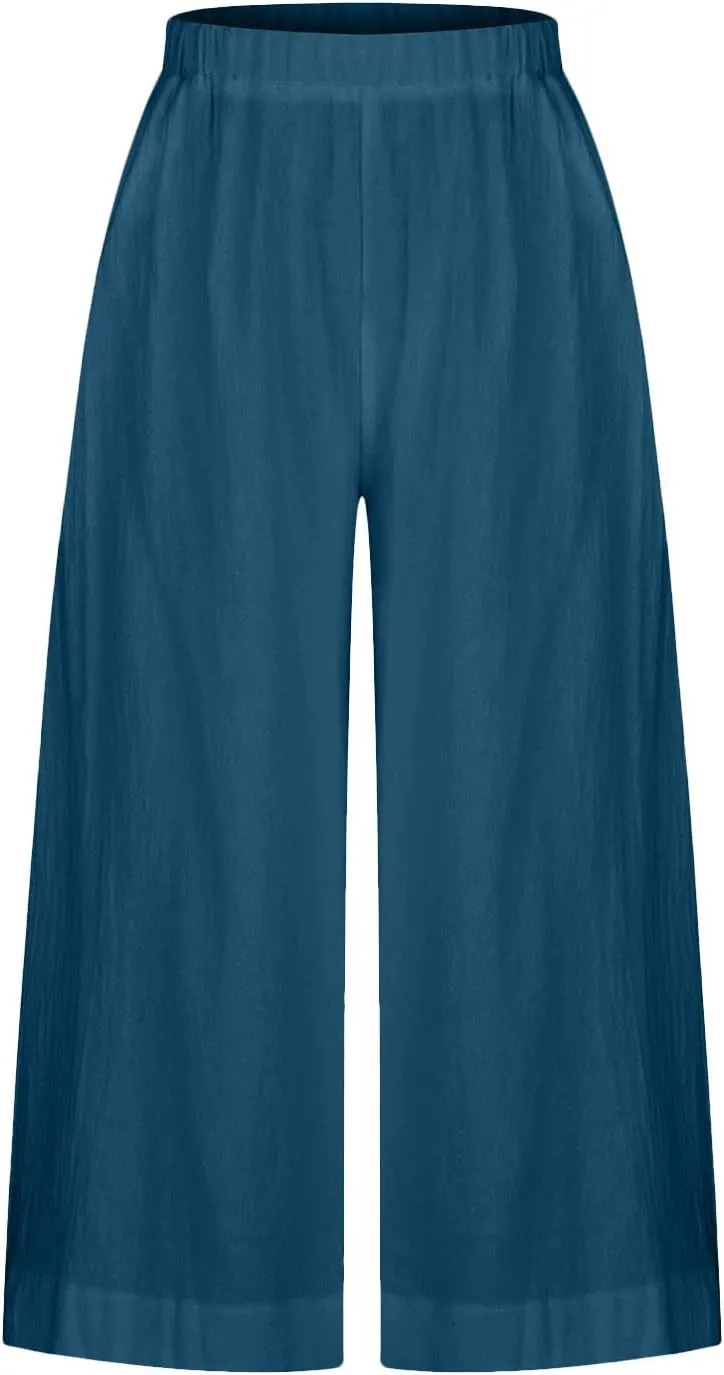 DASAYO Womens Cotton Linen Culottes Pant Baggy Lounge Beach Capri Pants Solid Summer Flowy Wide Leg Palazzo Capris Trousers