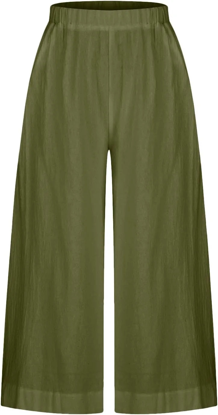 DASAYO Womens Cotton Linen Culottes Pant Baggy Lounge Beach Capri Pants Solid Summer Flowy Wide Leg Palazzo Capris Trousers