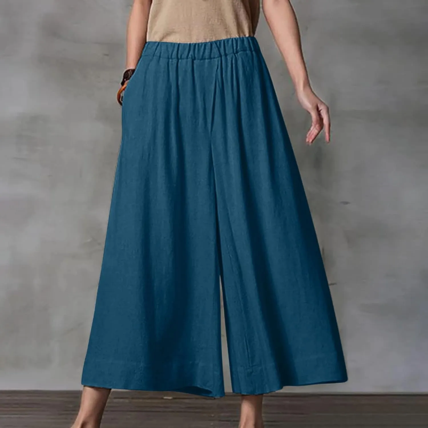 DASAYO Womens Cotton Linen Culottes Pant Baggy Lounge Beach Capri Pants Solid Summer Flowy Wide Leg Palazzo Capris Trousers