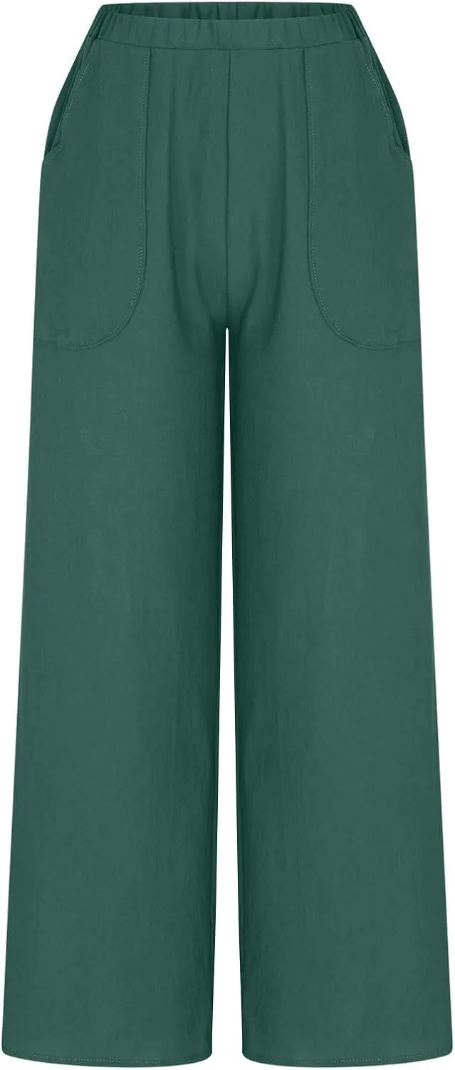 DASAYO Womens Cotton Linen Culottes Pant Baggy Lounge Beach Capri Pants Solid Summer Flowy Wide Leg Palazzo Capris Trousers