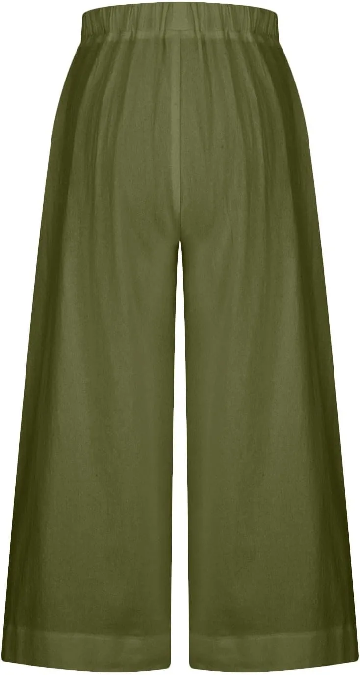 DASAYO Womens Cotton Linen Culottes Pant Baggy Lounge Beach Capri Pants Solid Summer Flowy Wide Leg Palazzo Capris Trousers
