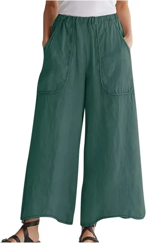 DASAYO Womens Cotton Linen Culottes Pant Baggy Lounge Beach Capri Pants Solid Summer Flowy Wide Leg Palazzo Capris Trousers