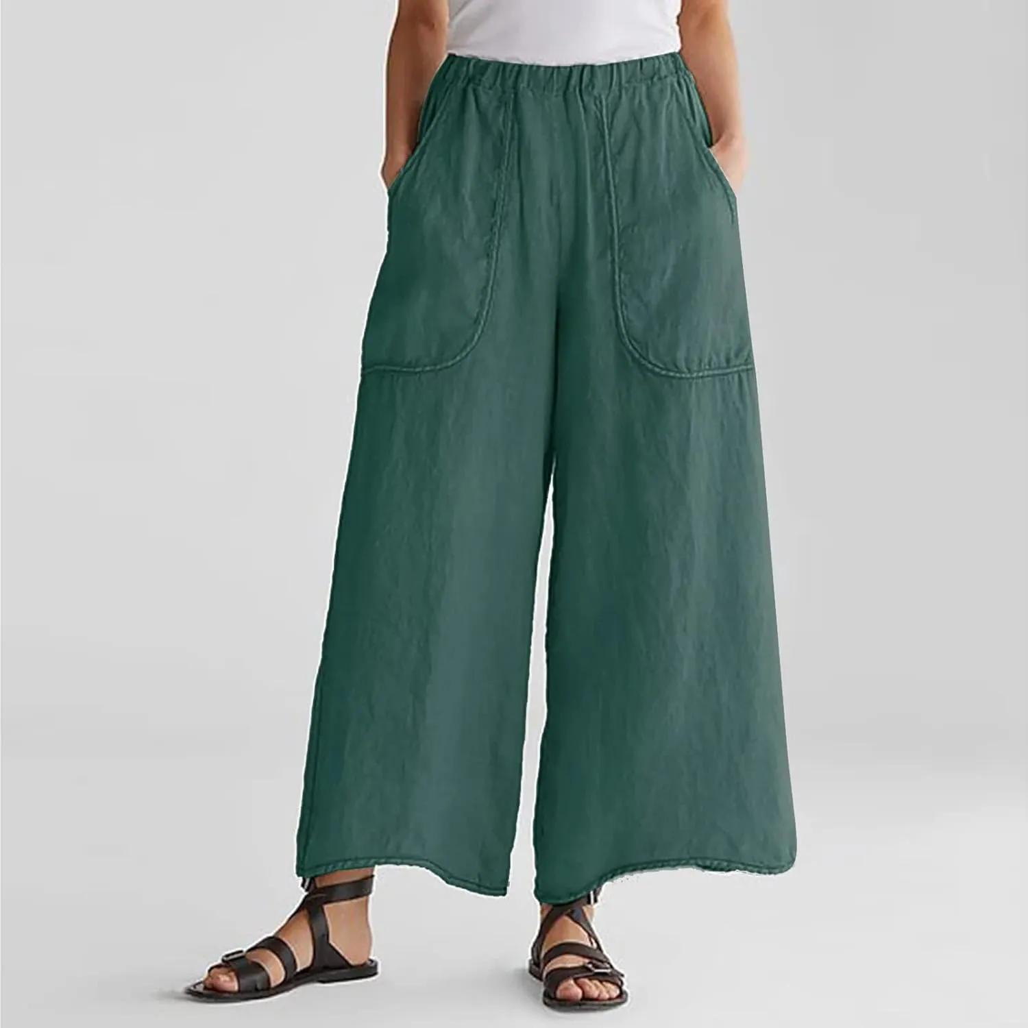 DASAYO Womens Cotton Linen Culottes Pant Baggy Lounge Beach Capri Pants Solid Summer Flowy Wide Leg Palazzo Capris Trousers
