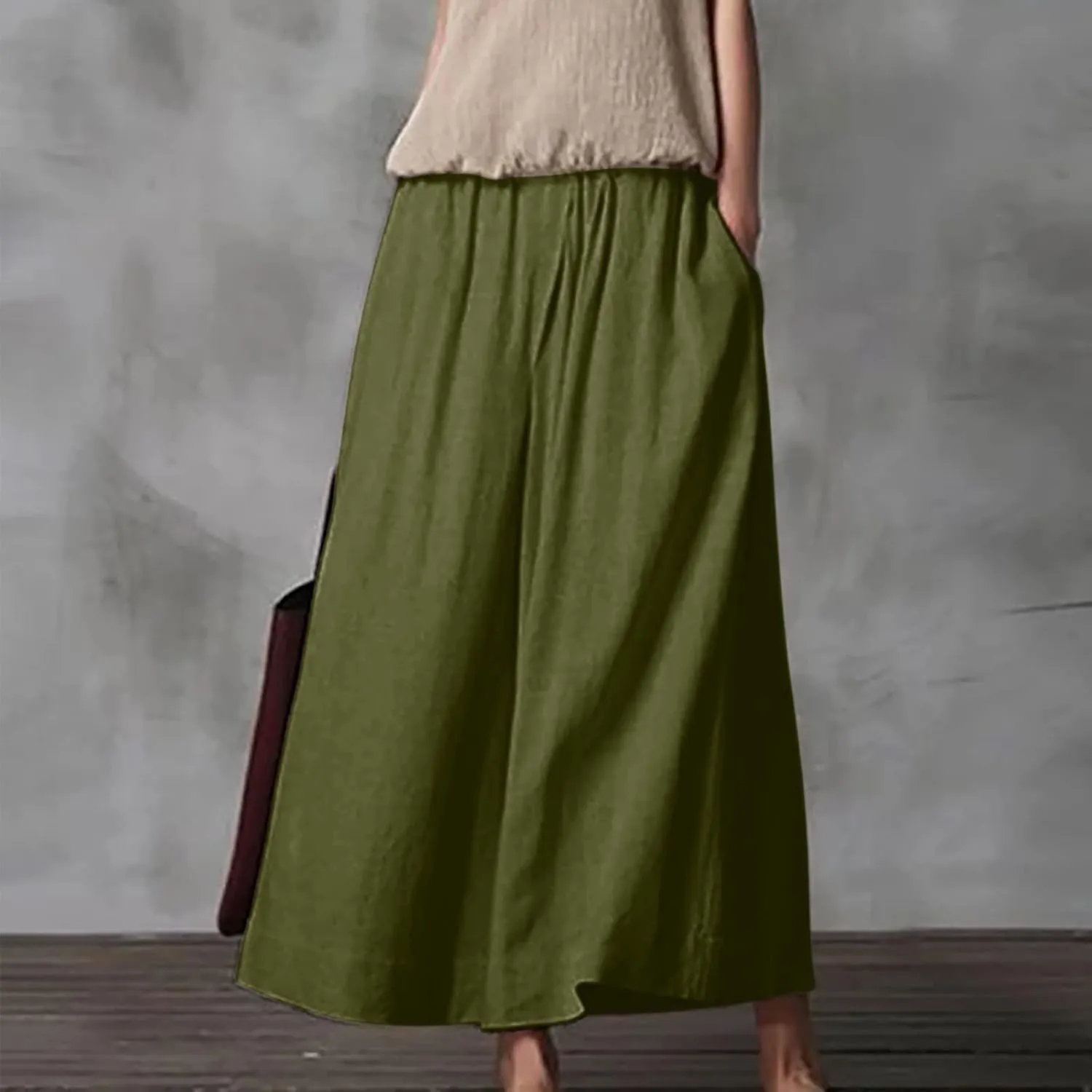 DASAYO Womens Cotton Linen Culottes Pant Baggy Lounge Beach Capri Pants Solid Summer Flowy Wide Leg Palazzo Capris Trousers