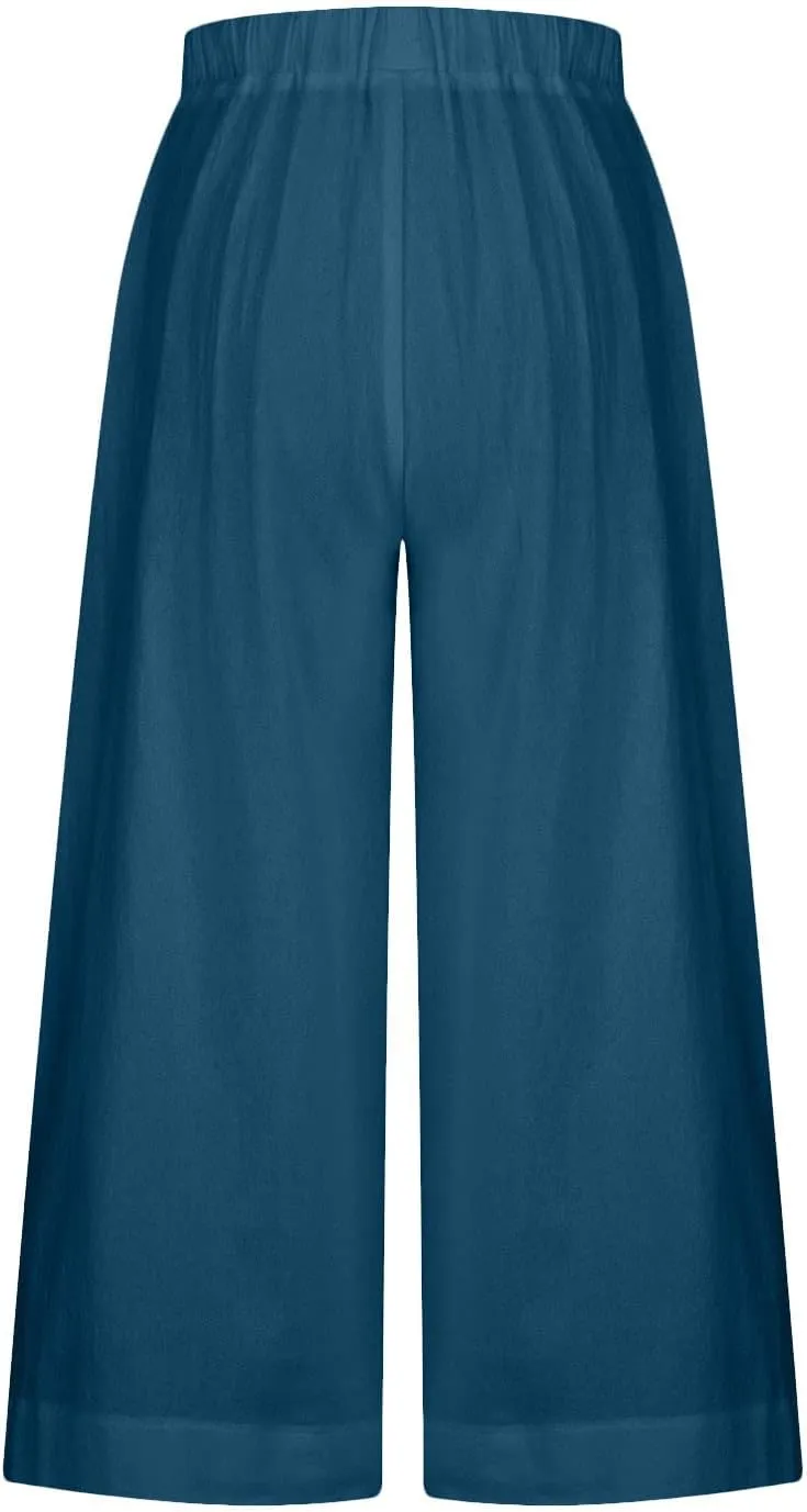 DASAYO Womens Cotton Linen Culottes Pant Baggy Lounge Beach Capri Pants Solid Summer Flowy Wide Leg Palazzo Capris Trousers