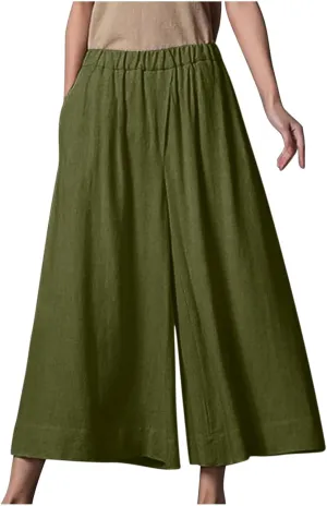 DASAYO Womens Cotton Linen Culottes Pant Baggy Lounge Beach Capri Pants Solid Summer Flowy Wide Leg Palazzo Capris Trousers