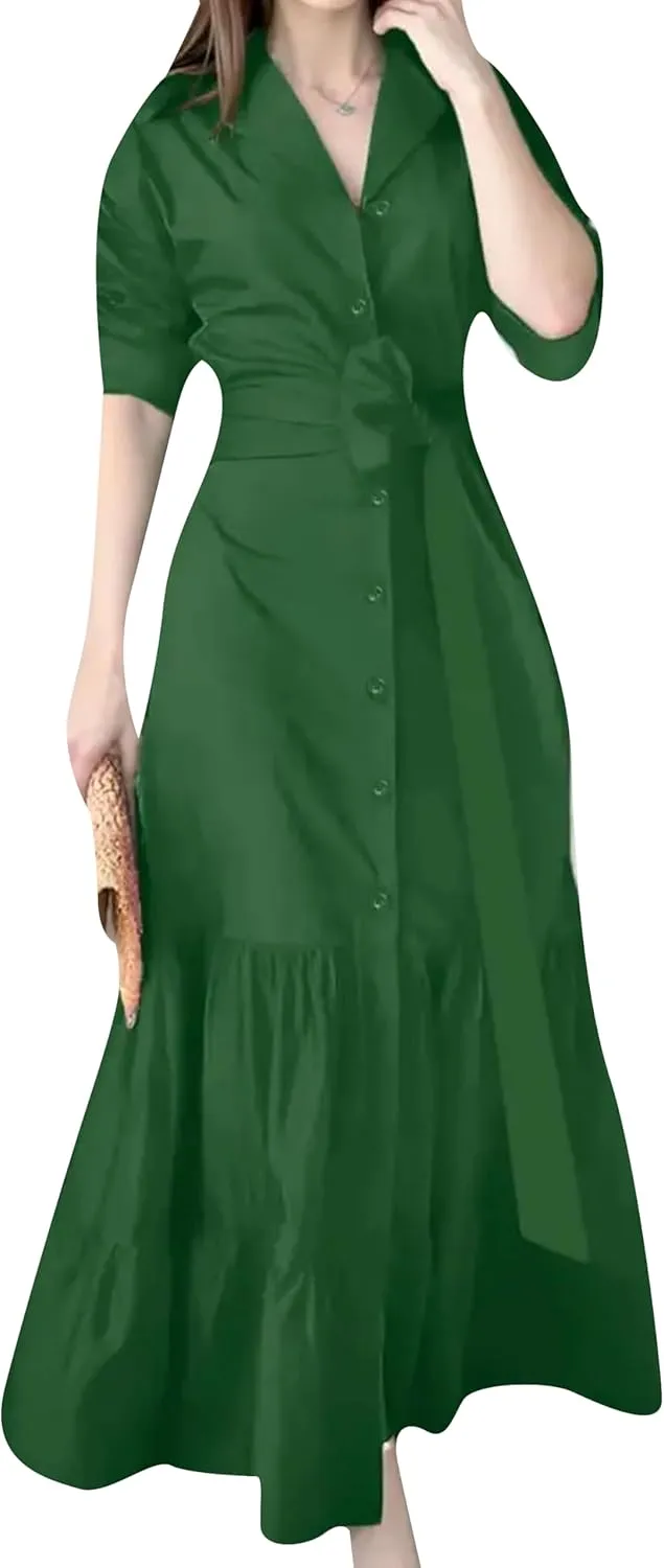 DIACACY Women's Solid Color Long Sleeve Casual Shirt Maxi Dress Tiered Rolled Up Sleeve Button Down Lapel Swing Dresses