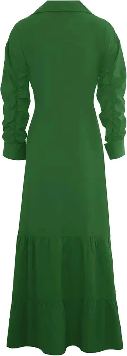 DIACACY Women's Solid Color Long Sleeve Casual Shirt Maxi Dress Tiered Rolled Up Sleeve Button Down Lapel Swing Dresses