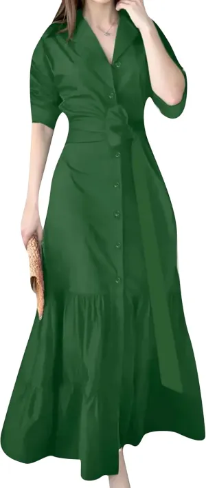 DIACACY Women's Solid Color Long Sleeve Casual Shirt Maxi Dress Tiered Rolled Up Sleeve Button Down Lapel Swing Dresses