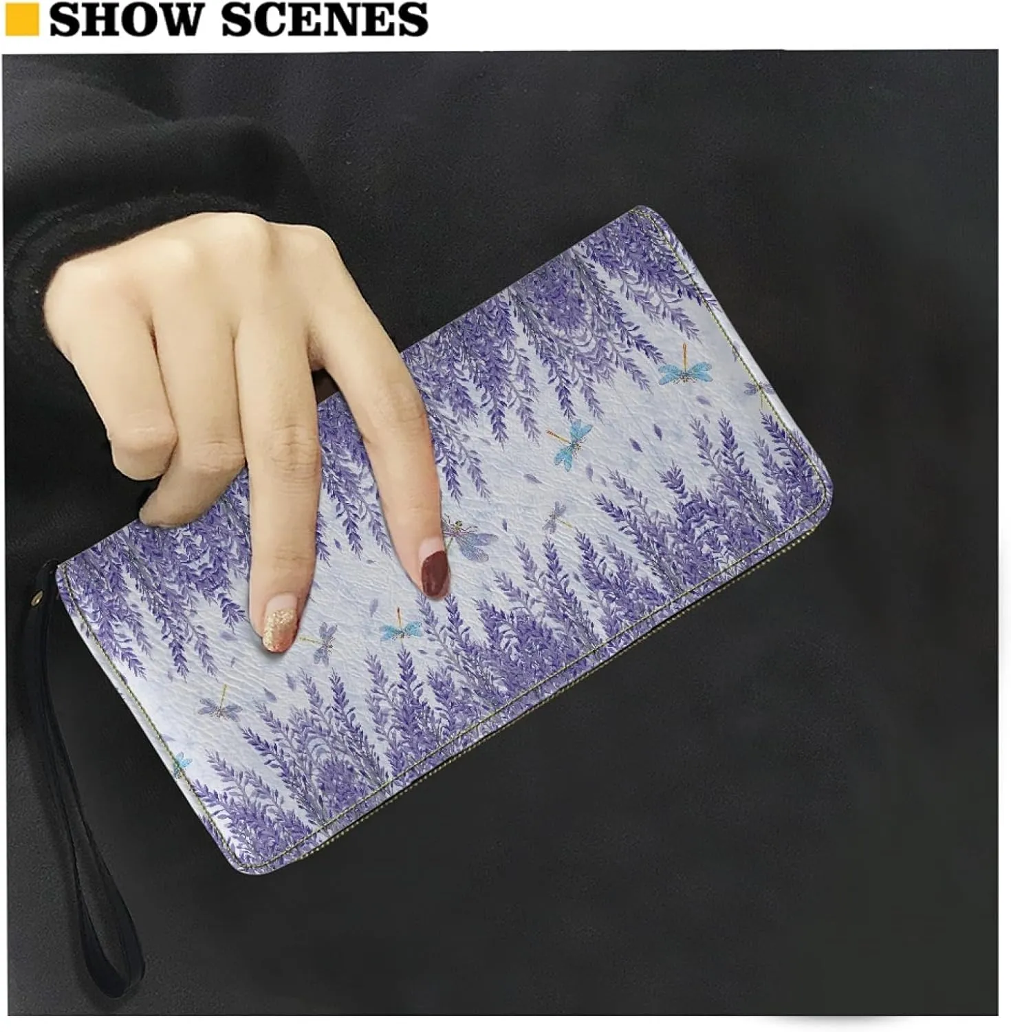 Dragonfly&Lavender Women Leather Wallet RFID Blocking Credit Card Holder Clutch Zipper Purse Accessories Passport ID Coin Pouch