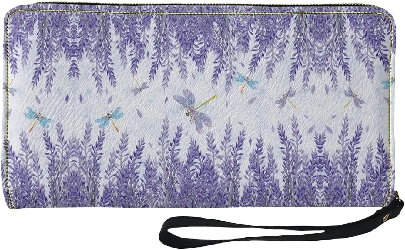 Dragonfly&Lavender Women Leather Wallet RFID Blocking Credit Card Holder Clutch Zipper Purse Accessories Passport ID Coin Pouch