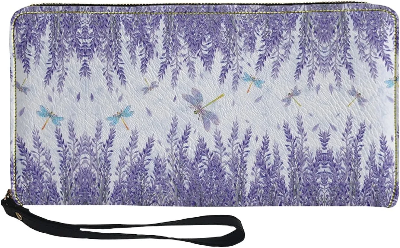 Dragonfly&Lavender Women Leather Wallet RFID Blocking Credit Card Holder Clutch Zipper Purse Accessories Passport ID Coin Pouch