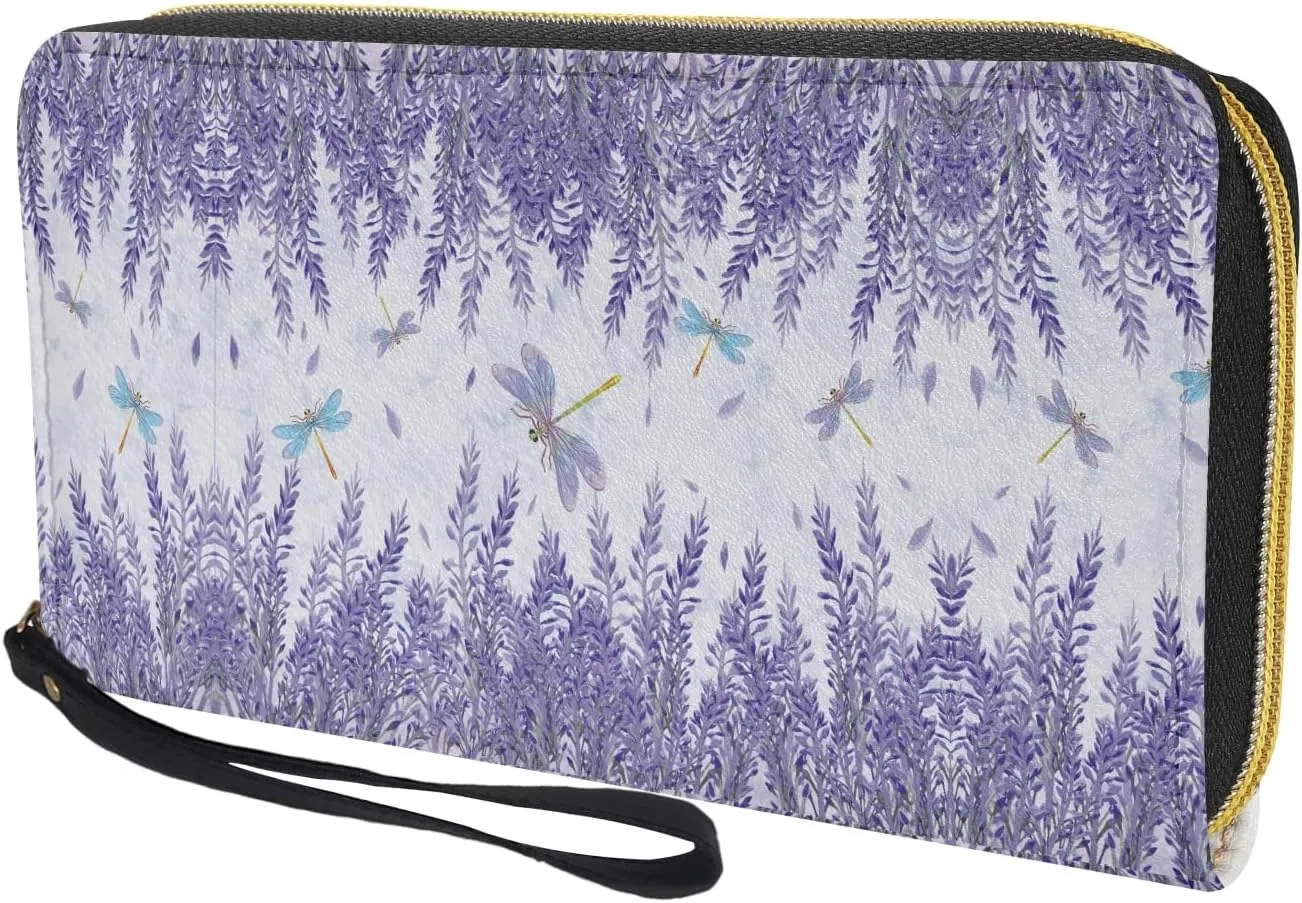 Dragonfly&Lavender Women Leather Wallet RFID Blocking Credit Card Holder Clutch Zipper Purse Accessories Passport ID Coin Pouch