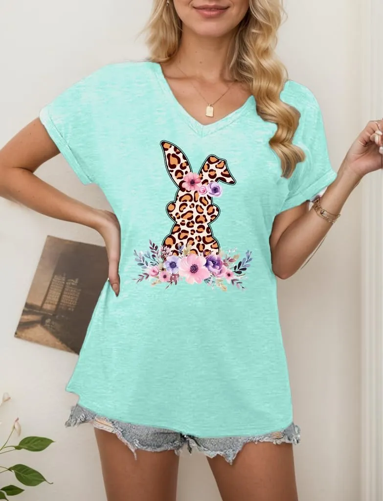 Easter Shirts for Women V Neck Happy Easter T Shirt Easter Bunny Shirt Cute Rabbit Graphic Tee Gift Spring Tees Tops