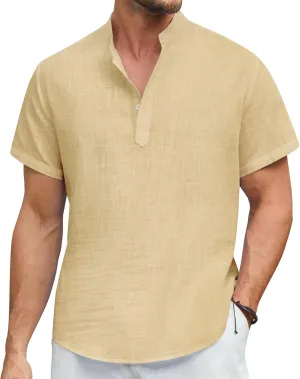 Enlision Mens Cotton Linen Henley Shirts Casual Short Sleeve Shirt Summer Beach Hippie Tshirt Band Collar Shirt for Men