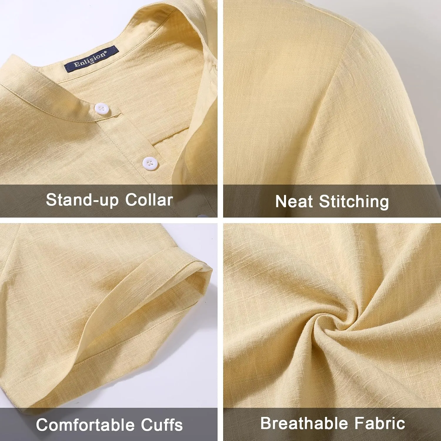 Enlision Mens Cotton Linen Henley Shirts Casual Short Sleeve Shirt Summer Beach Hippie Tshirt Band Collar Shirt for Men