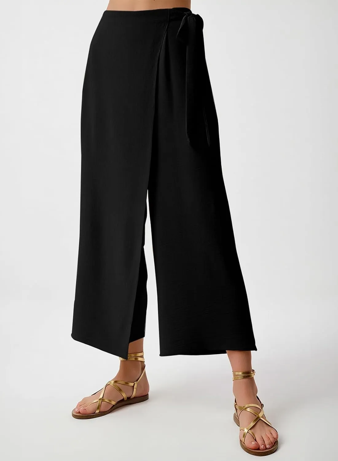 EVALESS Women's Wide Leg Palazzo Pants Work Casual Trousers Summer Elastic High Waisted Cute Side Tie Culottes with Pockets