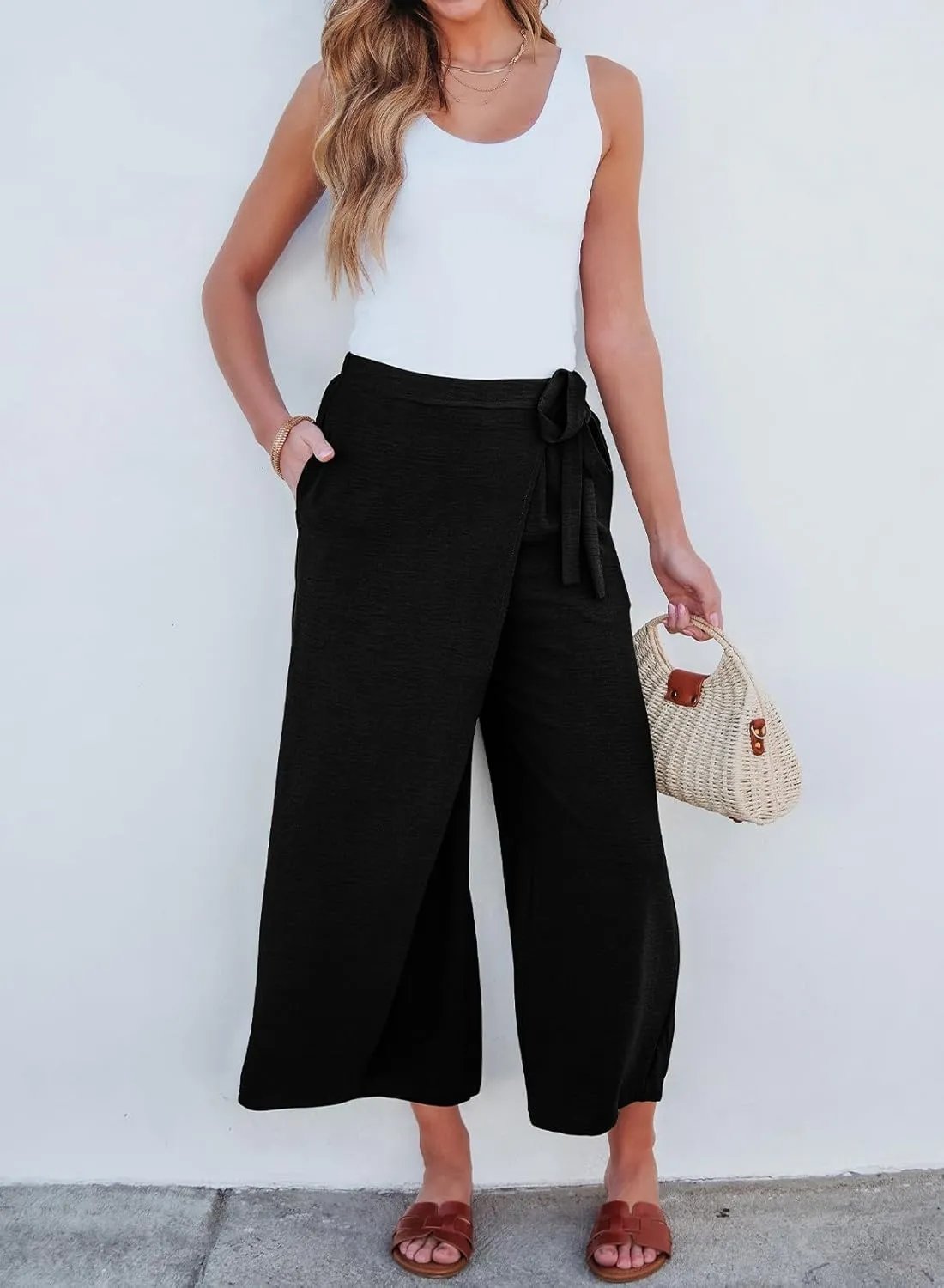 EVALESS Women's Wide Leg Palazzo Pants Work Casual Trousers Summer Elastic High Waisted Cute Side Tie Culottes with Pockets