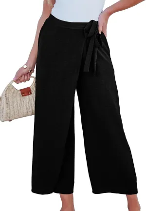 EVALESS Women's Wide Leg Palazzo Pants Work Casual Trousers Summer Elastic High Waisted Cute Side Tie Culottes with Pockets