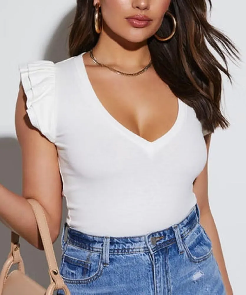Ezbelle Women's Summer Sleeveless Tops V Neck Ruffle Shirts Ribbed Knit Tank Top Sexy Blouse Ladies Clothes 2025
