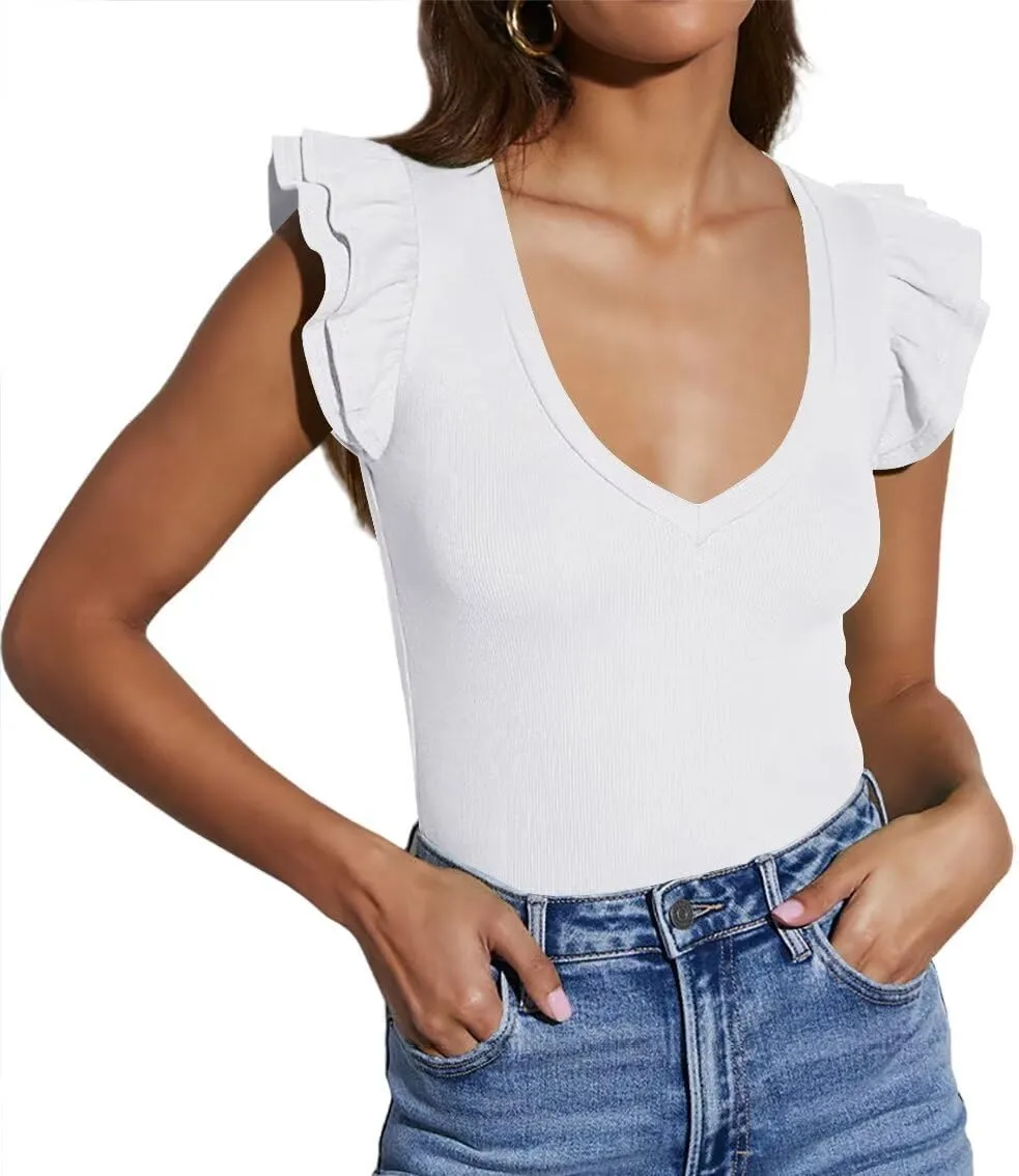 Ezbelle Women's Summer Sleeveless Tops V Neck Ruffle Shirts Ribbed Knit Tank Top Sexy Blouse Ladies Clothes 2025