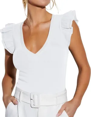 Ezbelle Women's Summer Sleeveless Tops V Neck Ruffle Shirts Ribbed Knit Tank Top Sexy Blouse Ladies Clothes 2025