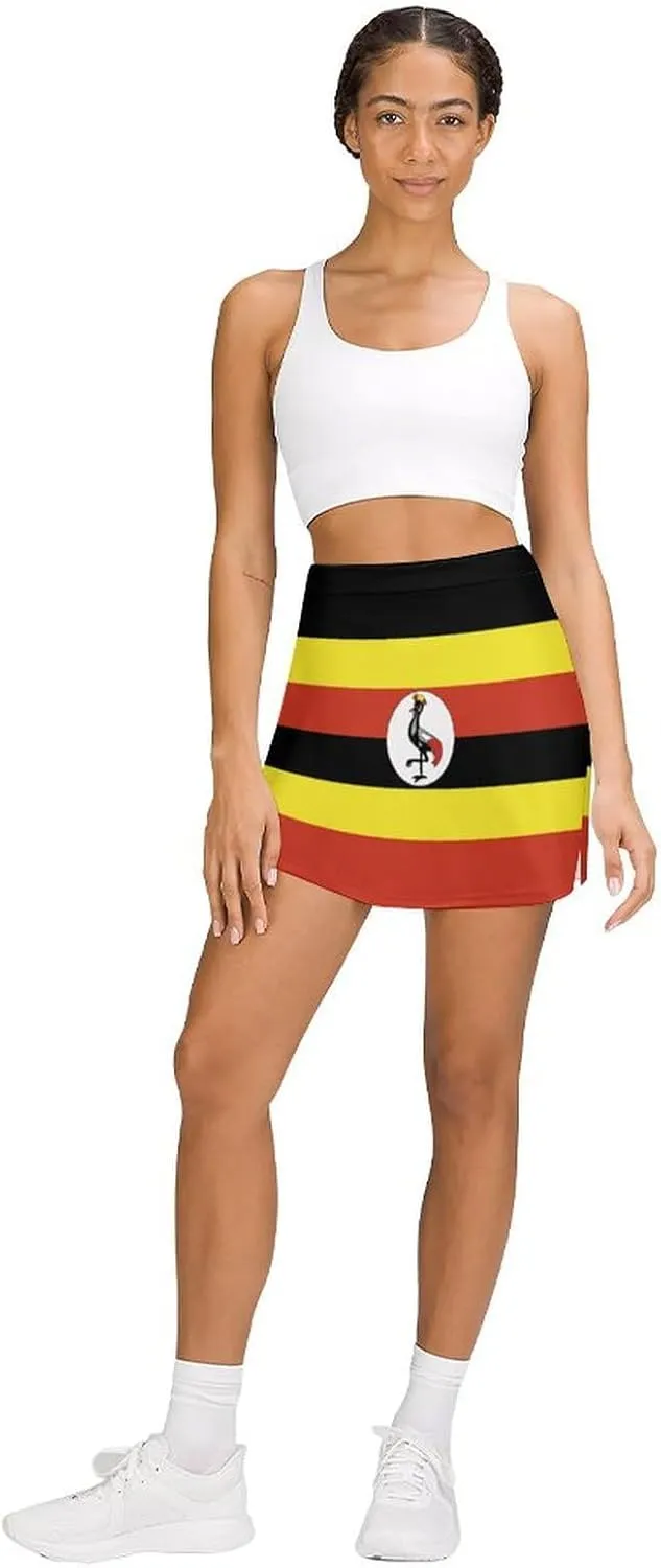 Fattyeery Skirts Casual Golf-Skorts Uganda Flag for Women Knee Length Comfort Skort Women's High Waist Athletic Skirt