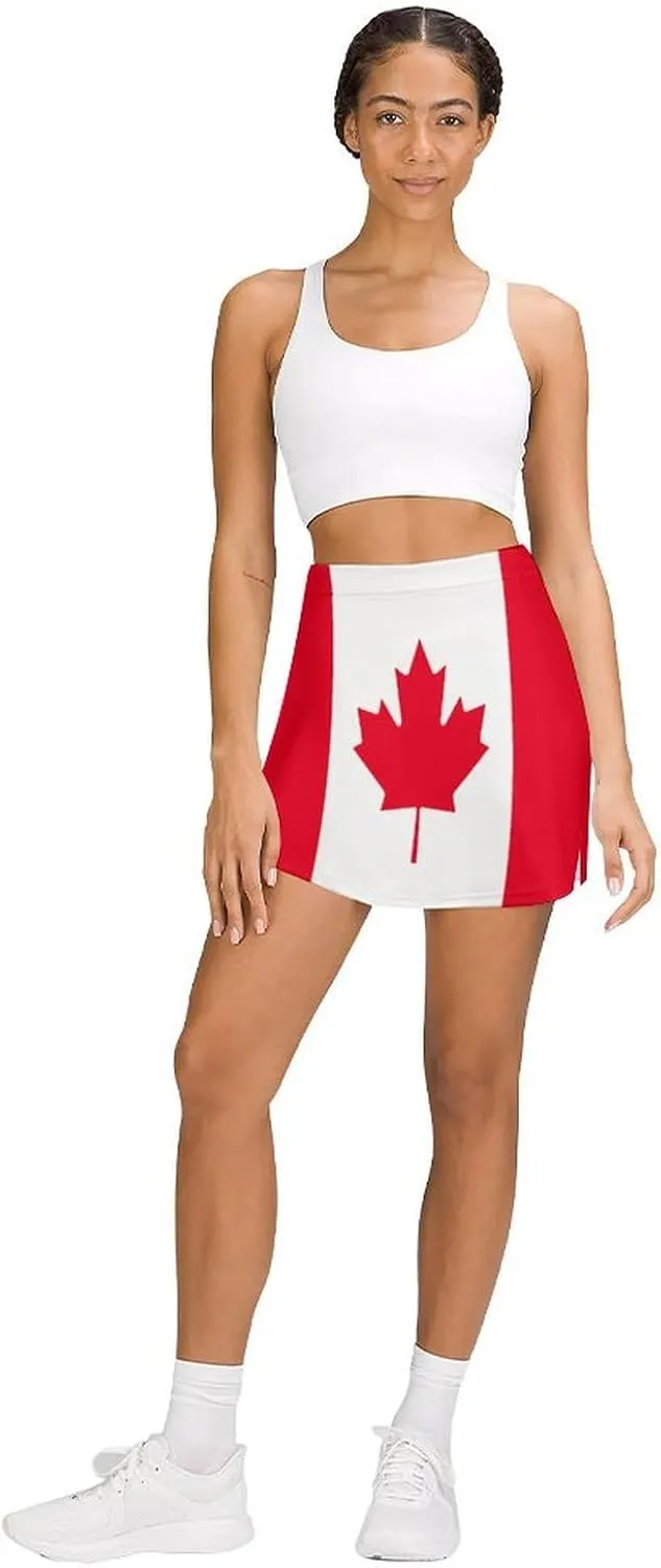 Fattyeery Women's Athletic Skorts Canada Flag Lightweight Skirts Inner Shorts with Pocket Tennis Workout Sports Skort