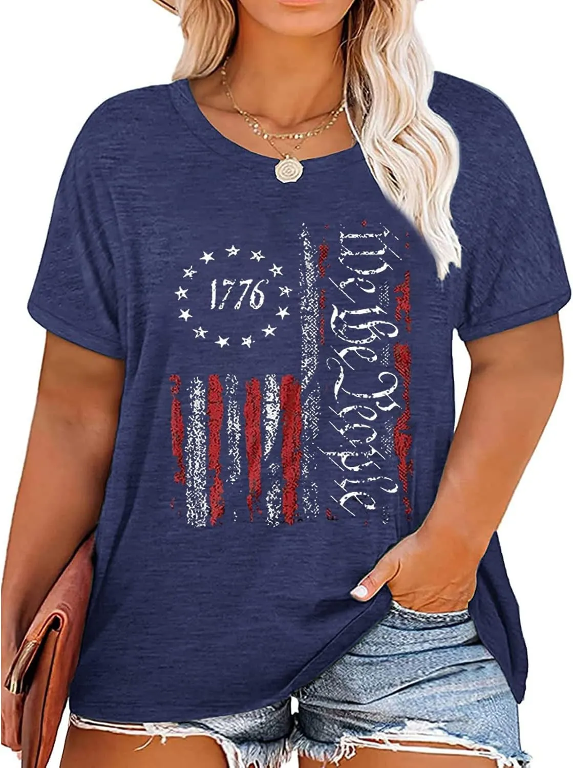FCHICH Plus Size We The People 1776 Tshirt Women American Flag Graphic Patriotic Tees Casual Short Sleeve 4th of July Shirt