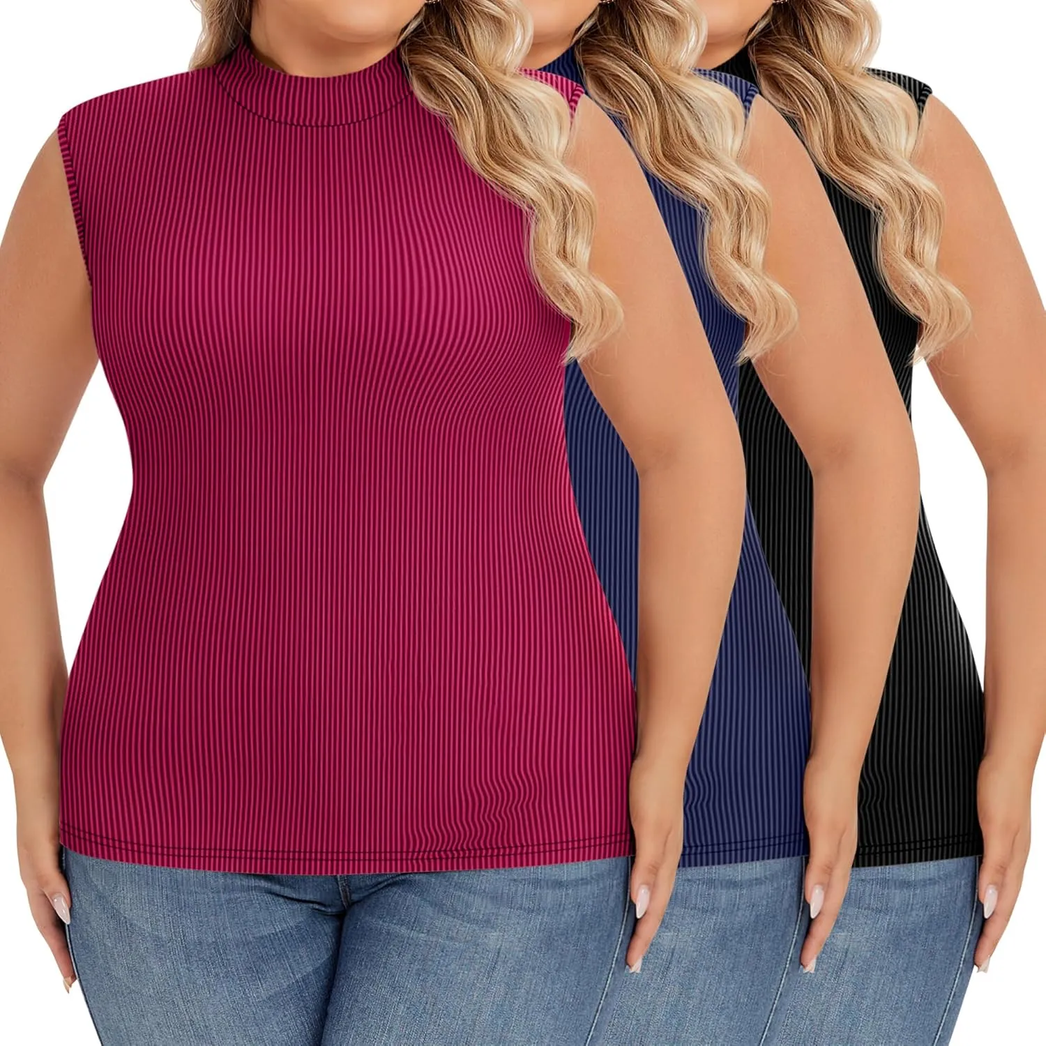 Ficerd 3 Pack Women's Plus Size Tank Tops, Sleeveless Mock Neck Shirts Basic Stretch Summer Tee Slim Fitted Lightweight Tops