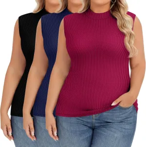 Ficerd 3 Pack Women's Plus Size Tank Tops, Sleeveless Mock Neck Shirts Basic Stretch Summer Tee Slim Fitted Lightweight Tops