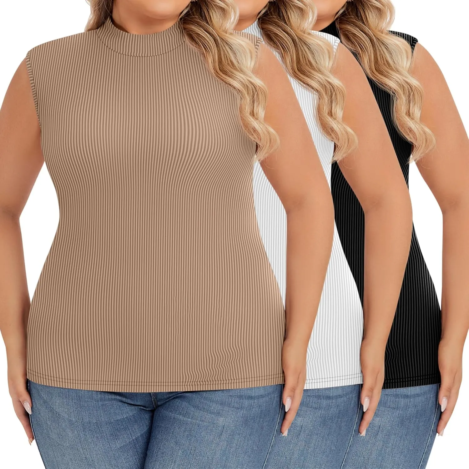Ficerd 3 Pack Women's Plus Size Tank Tops, Sleeveless Mock Neck Shirts Basic Stretch Summer Tee Slim Fitted Lightweight Tops