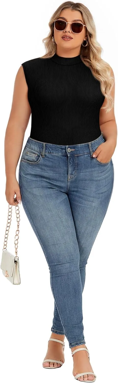 Ficerd 3 Pack Women's Plus Size Tank Tops, Sleeveless Mock Neck Shirts Basic Stretch Summer Tee Slim Fitted Lightweight Tops
