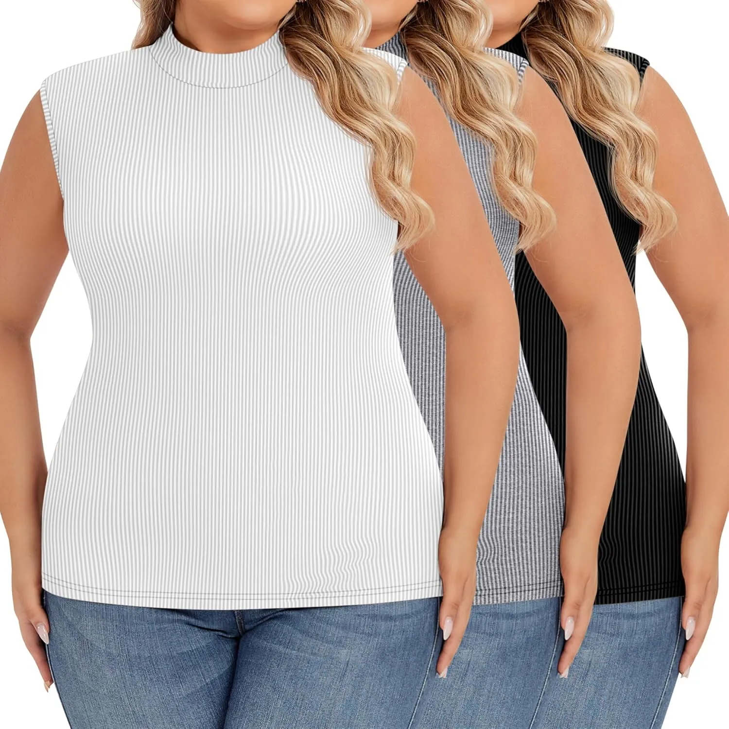 Ficerd 3 Pack Women's Plus Size Tank Tops, Sleeveless Mock Neck Shirts Basic Stretch Summer Tee Slim Fitted Lightweight Tops