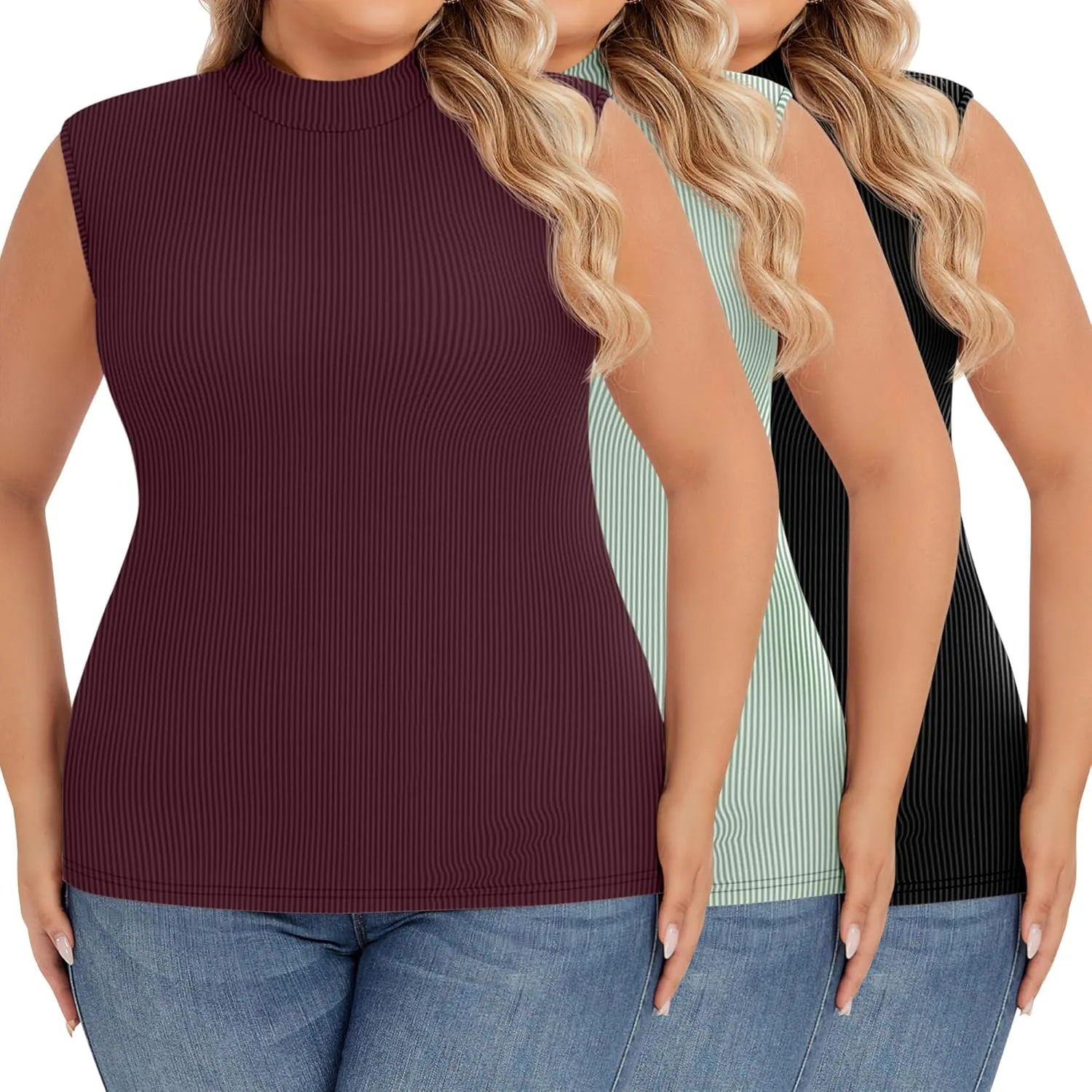Ficerd 3 Pack Women's Plus Size Tank Tops, Sleeveless Mock Neck Shirts Basic Stretch Summer Tee Slim Fitted Lightweight Tops