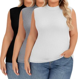 Ficerd 3 Pack Women's Plus Size Tank Tops, Sleeveless Mock Neck Shirts Basic Stretch Summer Tee Slim Fitted Lightweight Tops