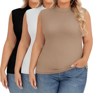 Ficerd 3 Pack Women's Plus Size Tank Tops, Sleeveless Mock Neck Shirts Basic Stretch Summer Tee Slim Fitted Lightweight Tops