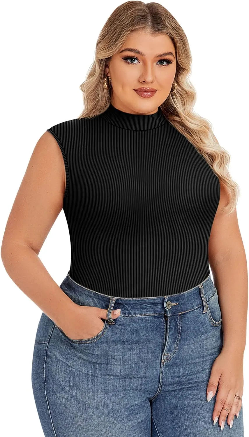Ficerd 3 Pack Women's Plus Size Tank Tops, Sleeveless Mock Neck Shirts Basic Stretch Summer Tee Slim Fitted Lightweight Tops